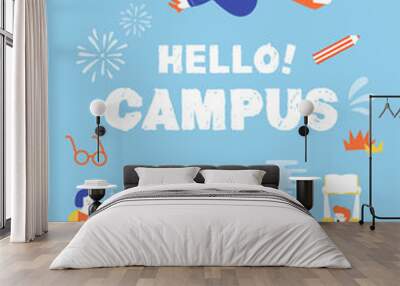 Student characters showing various activities on campus life. knowledge, relaxation, education, Information, university concept. Young people with gadgets and books. illustration vector flat design Wall mural