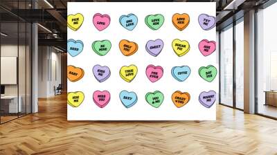 Sweet heart shape candy set. Valentines day concept. Isolated on white background. Different color bundle. Conversation, Love text. Romantic colorful element collection. Flat line vector illustration. Wall mural