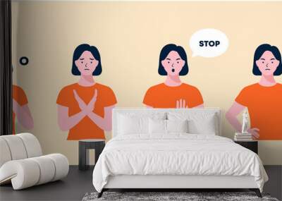 Woman is showing a gesture No. negative, opposite gestures set. woman protested holding a sign with the words No. No means no concept, stop here. flat design style minimal vector illustration. Wall mural