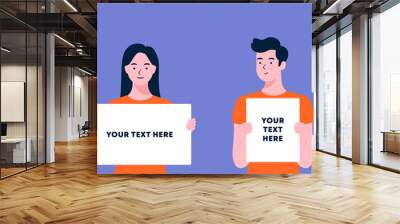 young people holding showing displaying white blank board banner poster. man and woman showing blank signboard, with copyspace area for your text or slogan. flat style vector design illustrations. Wall mural