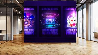 Casino night, set of invitation posters with neon casino elements. Posters with digital hologram of slot machine, Casino Roulette wheel, playing cards and poker chips Wall mural