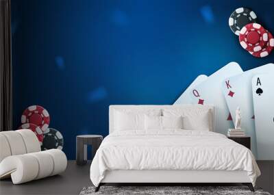 Casino playing cards and poker chips on blue background, top view Wall mural