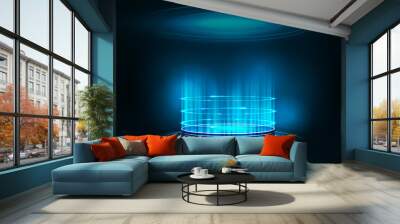 Empty blue digital hologram podium with particles and shiny rings in dark room. Dark and blue digital scene Wall mural