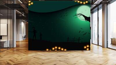 Halloween night, night landscape with full moon, Scarecrow, witches and zombies, illustration for your creativity Wall mural