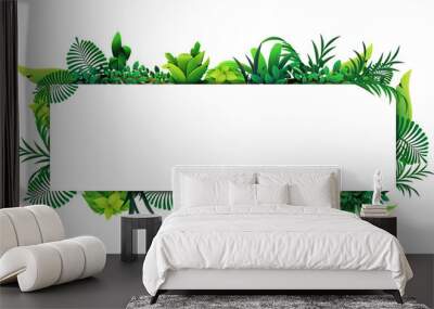 Horizontal frame of tropical leaves around a white empty rectangle. Layout of a border made of tropical elements Wall mural