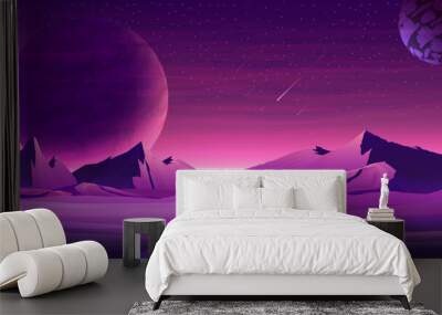 Mars purple space landscape with large planets on purple starry sky, meteors and mountains. Nature on another planet with a huge planet on the horizon Wall mural