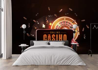 Online casino, dark banner with smartphone, neon roulette, cards and poker chips in black scene Wall mural