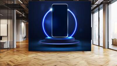 Smartphone on blue podium floating in the air with blue neon ring on background. Wall mural