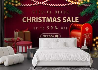 Special offer, Christmas sale, up to 50% off, discaunt banner with garlands and Santa letterbox with presents Wall mural