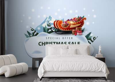 Special offer, Christmas sale, up to 50% off, modern discount banner with pines, drifts, mountain and Santa Sleigh with presents Wall mural