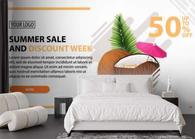 Summer sale and discount week, white web banner in modern style for your website with strawberry cocktail in coconut Wall mural