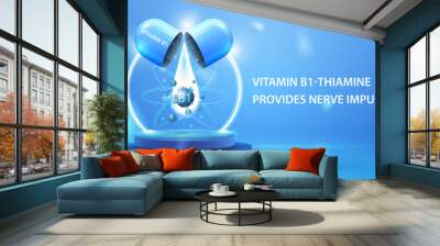 Vitamin B1, blue information poster with abstract pill capsule with drop of vitamin B1 on blue podium with white round neon frame Wall mural