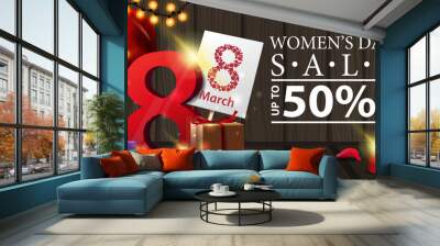 Women's day discount horizontal modern banner on wood background with garland and gifts with the number eight Wall mural