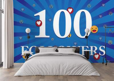 social media banner with thank you for 100 followers. blue card with thank you celebrate all subscri Wall mural