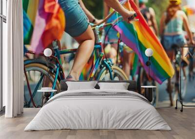 Participants ride bicycles adorned with rainbow flags during a vibrant Pride parade, celebrating LGBTQ rights and community. Wall mural