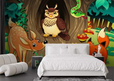 animals in the wood. vector illustration. Wall mural