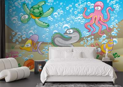 Family of marine animals in the sea Wall mural