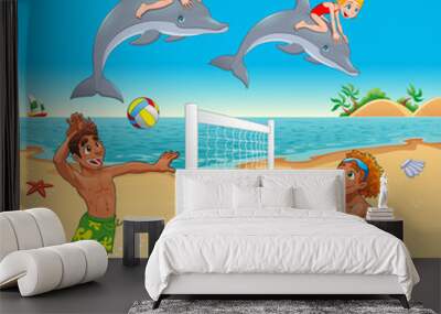 Funny summer scene with dolphins and beachvolley Wall mural