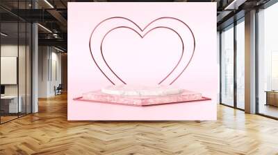 Love concept podium to highlight products for sale or display. Pink and white marble stone with a decorative rose gold heart frame. 3d render illustration. Wall mural