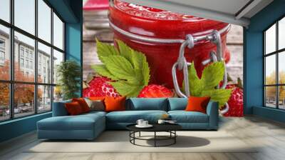 Domestic fresh strawberry jam on a rustic wooden board Wall mural