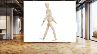 Wooden model thinking while walking isolated on a white background. Wall mural