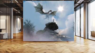 3D Illustration of a knight fighting dragon, dragon versus man Wall mural