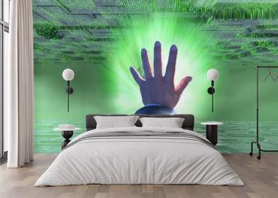 a virtual world with a hand man between matrix style world render 3d Wall mural