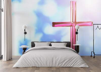 Christian cross on a bright background, concept of Easter and Christmas background 3D render Wall mural