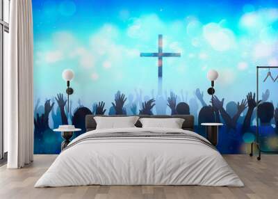 concept christian church worship and praise God show, the silhouette of the hands at concert 3D render Wall mural