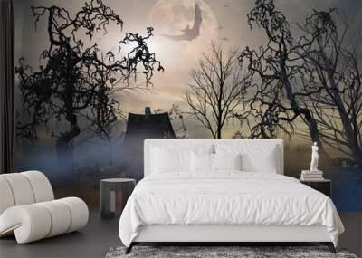 Halloween background with pumpkin graveyard and gloomy autumn trees Wall mural