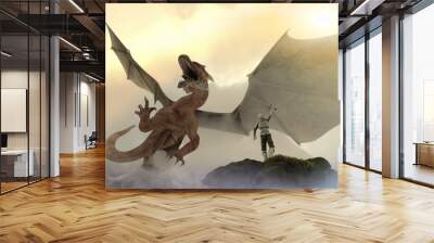 knight fighting dragon, dragon versus man, 3D render Wall mural