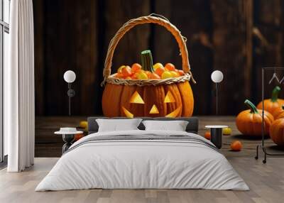 Pumpkin basket on old wood table, Halloween party concept Wall mural