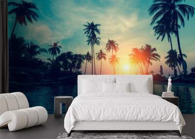 fantastic sunset, palm trees in tropical beach. Wall mural