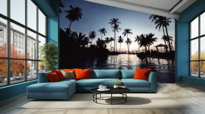 Tropical beach with palm trees silhouettes during the awesome sunset. Wall mural