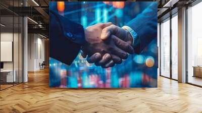 A handshake symbolizing partnership with financial graphs in the background. Wall mural