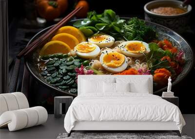 A vibrant bowl of noodles garnished with vegetables and eggs, showcasing culinary artistry. Wall mural