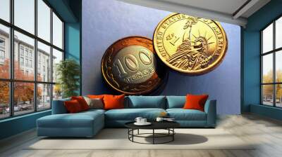 Kazakh coin in 100 tenge and American one dollar. News about exchange rate and the economy of Kazakhstan. A dramatic dark gloomy illustration with enhanced contrast and saturation. Macro Wall mural