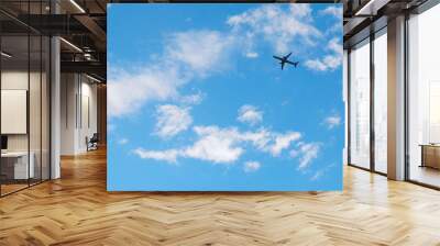 The passenger airplane is flying far away in the blue sky and white clouds. Aircraft in the air. International passenger air transportation. Horizontal stories Wall mural