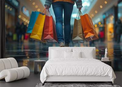 Colorful shopping bags held by a person in a modern mall Wall mural