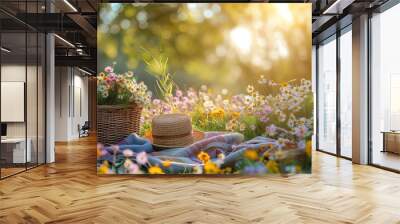 Picnic basket and hat in a field of wildflowers under the sun Wall mural