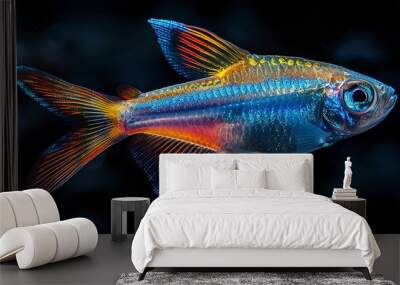 Vibrant neon tetra fish in a clear freshwater aquarium Wall mural