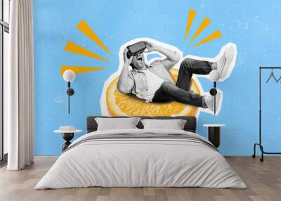 3d retro abstract creative artwork collage of man sitting half orange fruit excited wear virtual reality glasses impressed virtual world Wall mural