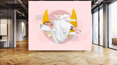 3d retro abstract creative artwork template collage of happy smiling lady sleeping moon isolated painting background Wall mural