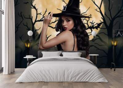 3d retro abstract creative artwork template collage of sexy hot witch wear hat underwear posing figure mystery forest sabbath moonlight Wall mural