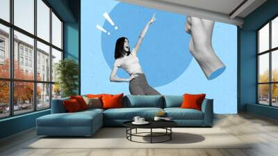 3d retro abstract creative collage artwork template of excited lady pointing finger paper brain isolated painting background Wall mural