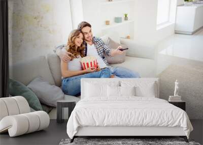 Above high angle view of his he her she two person nice attractive cheerful guy lady sitting on divan eating corn watching new drama comedy in light white style interior living room hotel house Wall mural