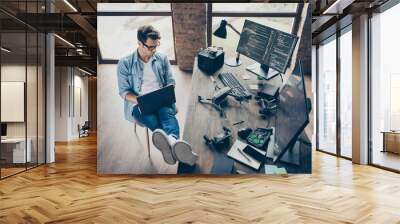 Above high angle view of his he nice attractive focused guy geek expert working remotely typing coding calculating game development dev at modern industrial home office work place station Wall mural