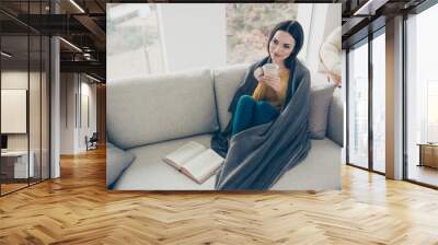 Above high angle view portrait of attractive fascinating charming straight-haired girl wrapped in soft veil cover blanket in jeans denim sitting on divan with book poems stories in light interior room Wall mural