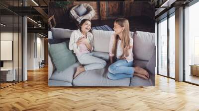 Above high angle view portrait of two nice lovely attractive charming cheerful cheery girls sharing discussing funny dream news memories sitting on divan in house loft industrial interior style Wall mural