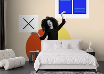 Abstract template graphics collage image of excited lady showing start up presentation isolated beige color background Wall mural